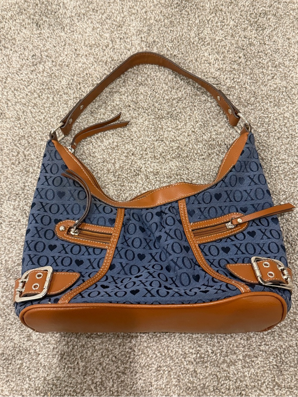 Y2K XOXO Navy Blue Heart Print Hobo Bag with Brown Leather Accents